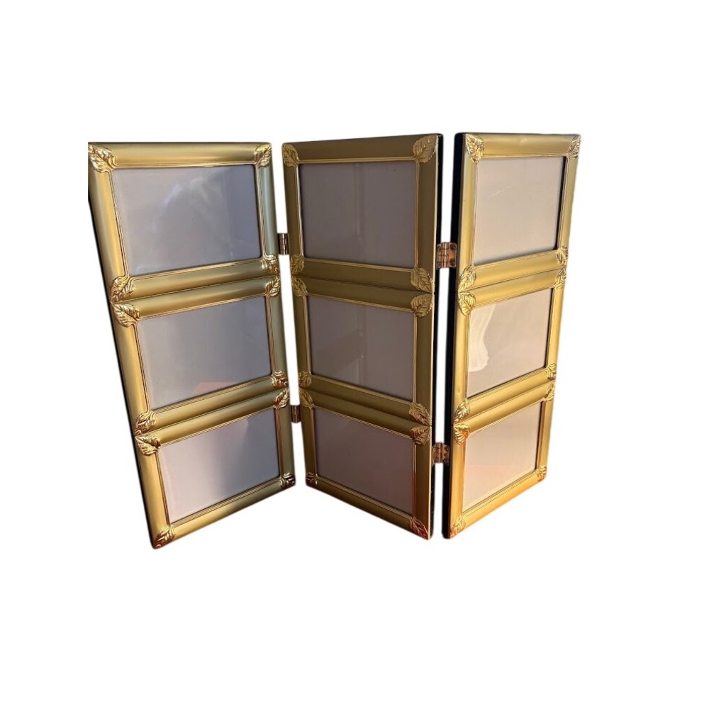 Vintage Gold Tone Metal Folding 9 Photo Triptych Frame Leaf Detail SKU AD00901